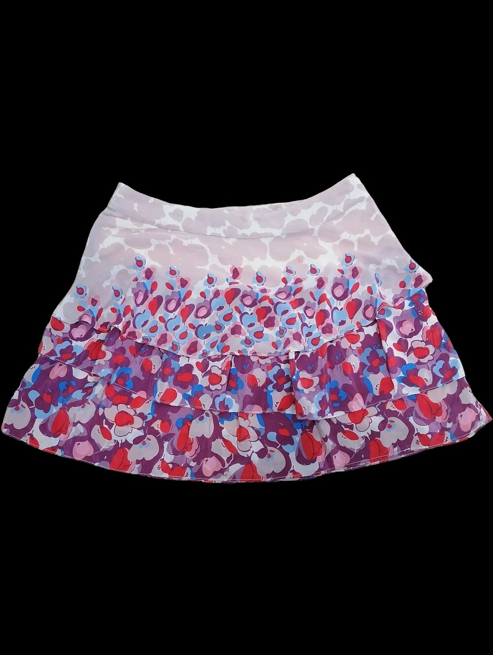 💅🏻 100% Silk,  Purple Floral Tiered Mini Skirt